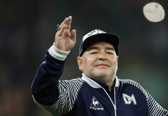 FILE PHOTO: Gimnasia y Esgrima coach Diego Maradona before the match