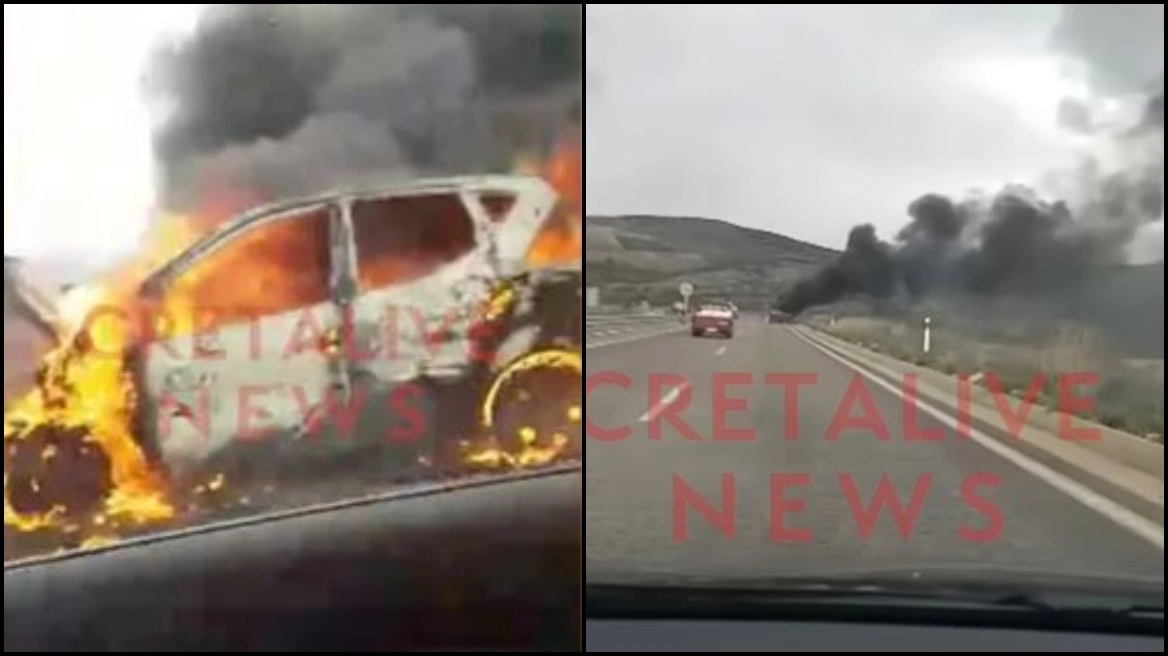Ηράκλειο: Αυτοκίνητο άρπαξε φωτιά στην εθνική οδό – Δείτε βίντεο