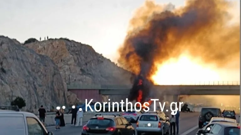 Στιγμές τρόμου στην Εθνική Οδό Αθηνών – Κορίνθου: Φορτηγό τυλίχθηκε στις φλόγες